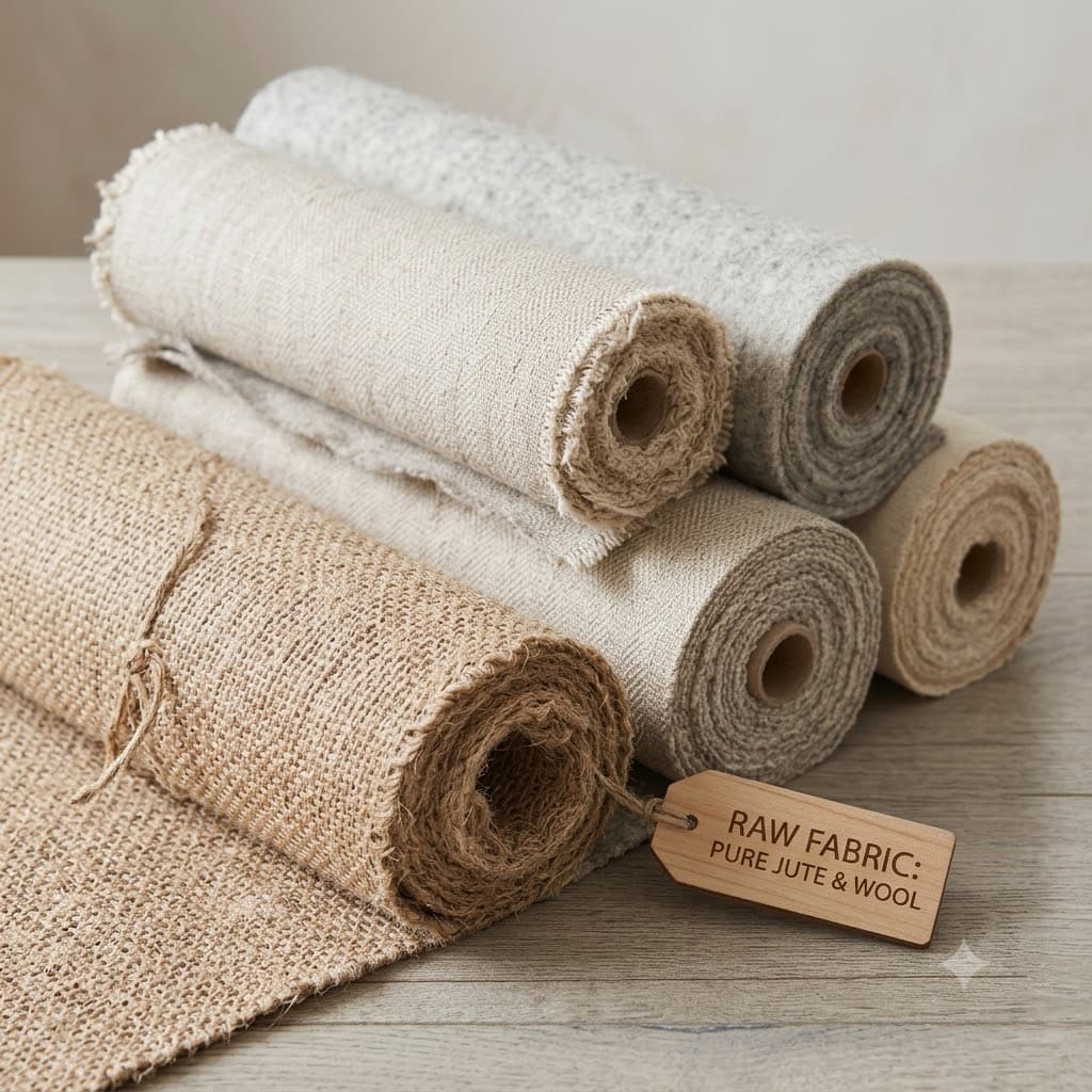 Rolls of raw jute and wool fabric
